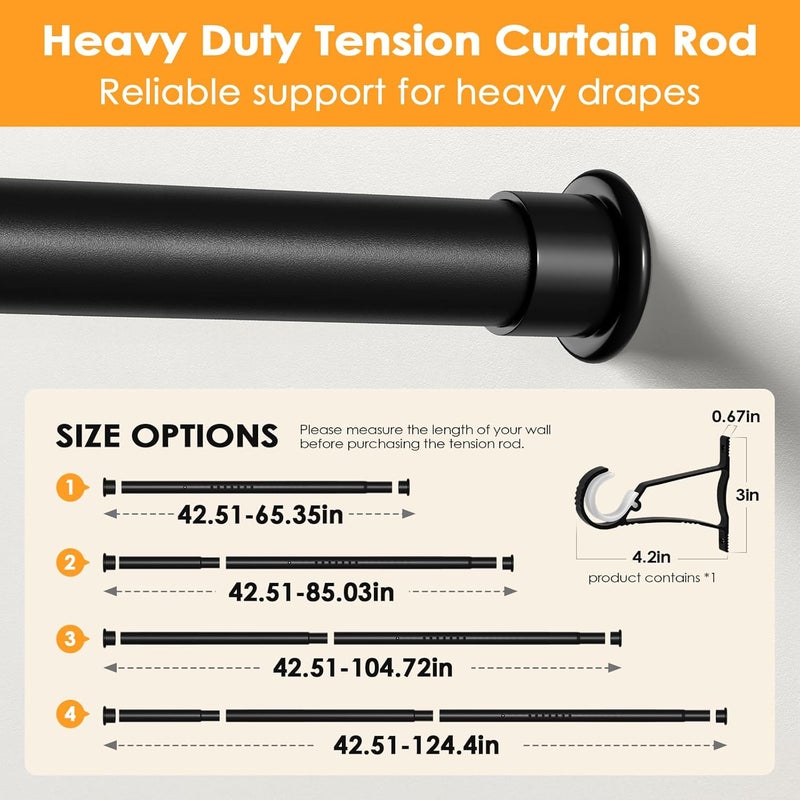 fvonzn Tension Curtain Rod 43-124 Inches Extra Long Black Heavy Duty Tension Rods Adjustable Curtain Rod No Drilling Spring Loaded Tension Rod for Windows Patio Hold Up Blackout Curtains and Non Slip - Image 2